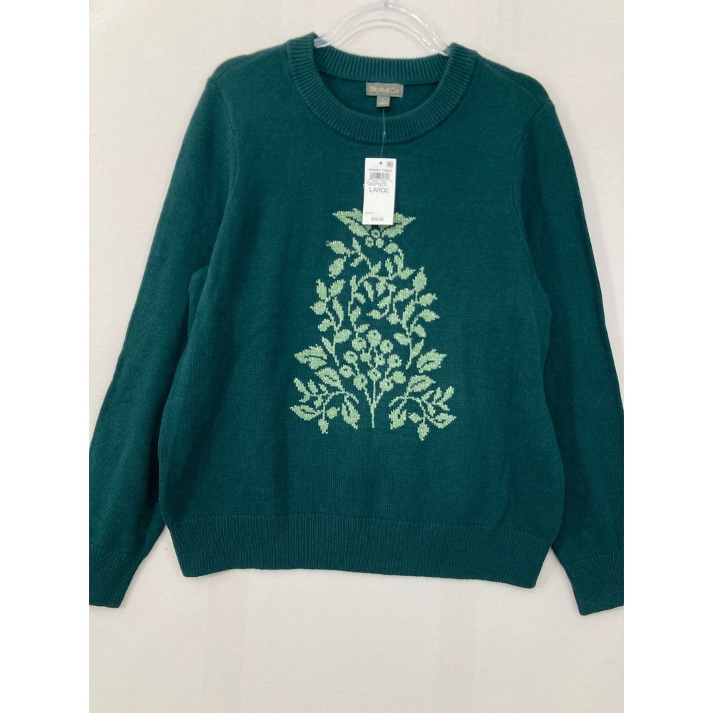 New Style & Co Sweater Large Green Whimsy Holiday Knit Cotton Blend Comfy